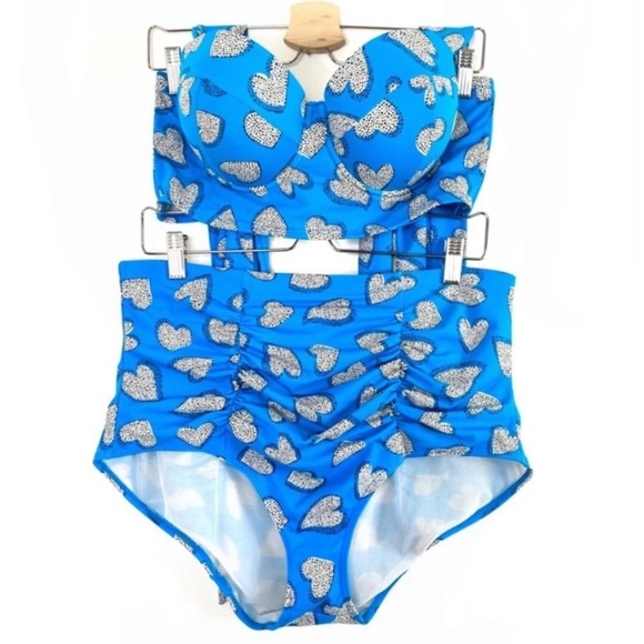 TORRID Heart Print 70s Style High Rise Coverage Tammy Bikini Beach Blue Size 1X - Picture 3 of 14